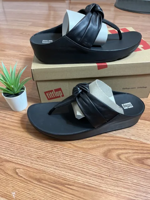FitFlop Twiss II Knot Strap Leather Toe Post Sandals Black Womens Size 11 NEW!