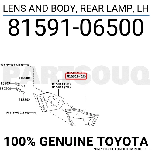 8159106500 Genuine Toyota LENS AND BODY, REAR LAMP, LH 81591-06500 OEM