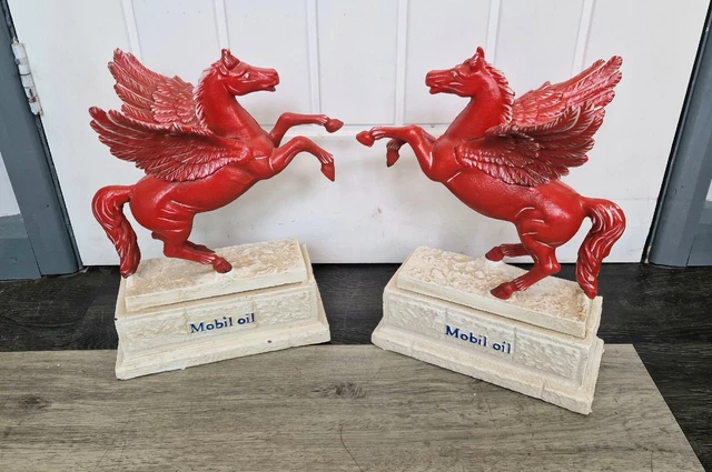 Rare Pair 13 " High Cast Iron Pegasus Mobil Gas Petrol Status Very Heavy