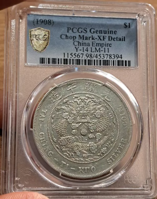 (1908) China Empire $1 Dragon Dollar Y-14 Lm-11 Pcgs Xf Details