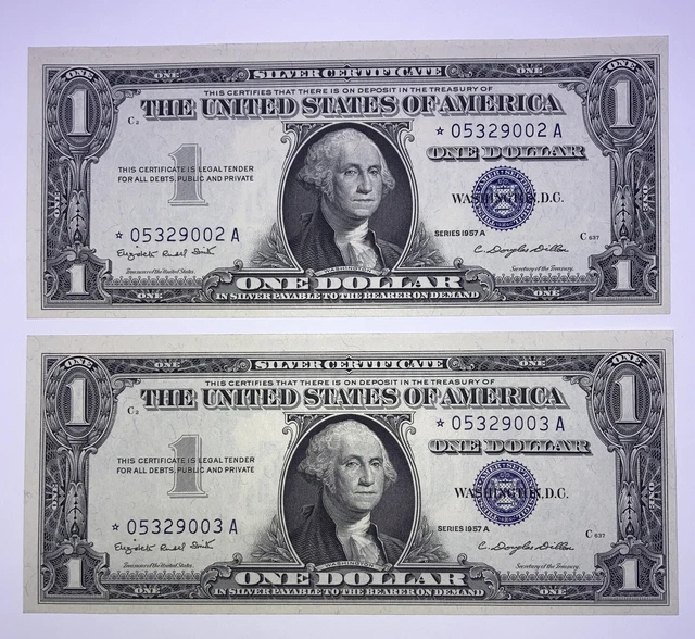 1957 Stars ($1)One Dollar  Silver Certificates Consecutive Set Of Two Star Notes