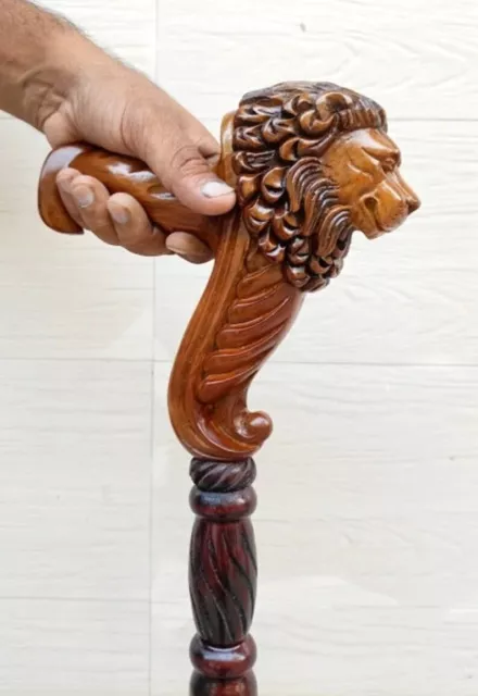 Handmade Lion King Handle Wooden Walking Stick - Ergonomic Palm Grip Handle Wood