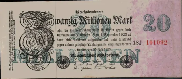 1923 Germany Weimar Republic Hyper Inflation 20.000.000 Mark Banknote