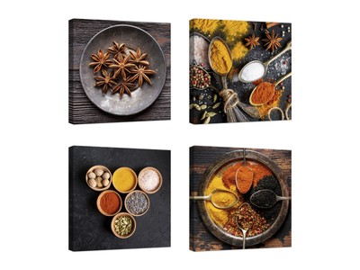 Quadri cucina spezie 4 pezzi 30x30 cm Stampa su Tela con Telaio in Legno Arredamento Arte Arredo 