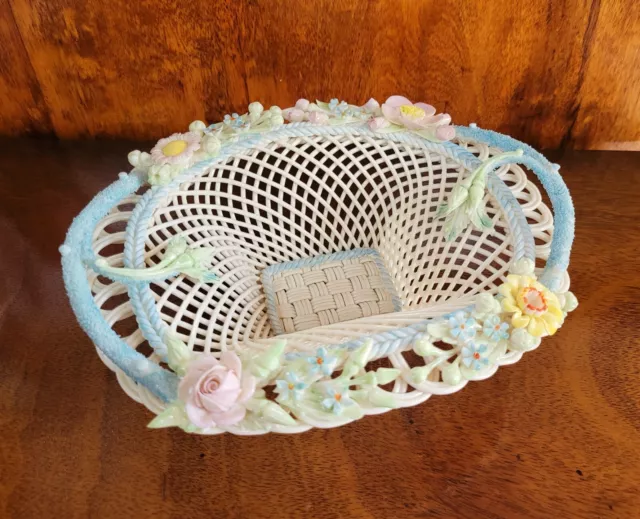 Belleek Irish Porcelain Henshall Basket Archive Collection Openwork Twig Handle