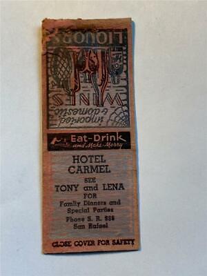 1930's Hotel Carmel Tony & Lena Picon Punch San Rafael CA BOBTAIL Matchcover