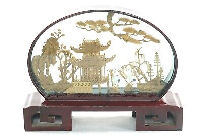 Chinese Hand Carved Cork Glass Enclosed Oval Diorama Art Sculpture