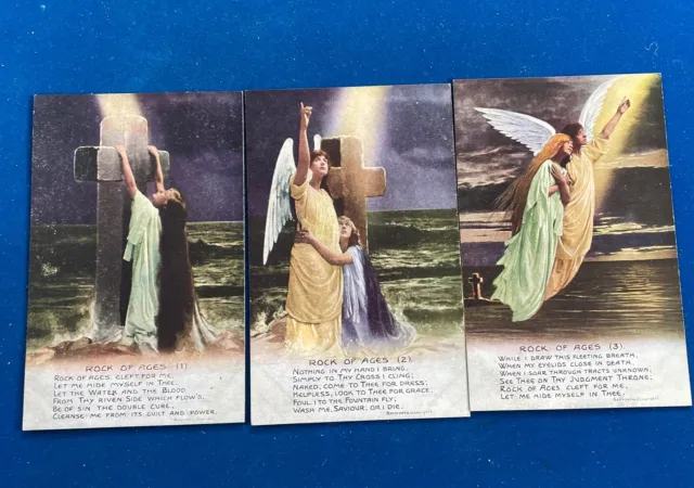 Bamforth Song Cards Set of 3 Hymn Rock Of Ages Unposted, WW1 Postcards