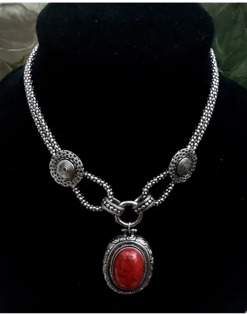 Silver Tone Necklace Red Pendant Tribal Ethnic Aztec Bohemian