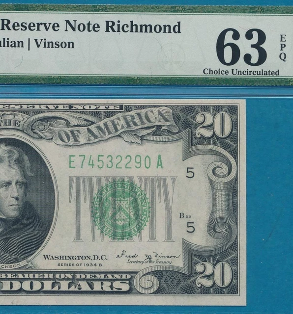 $20. 1934-B  Richmond Green Seal  Federal Reserve Note  Beautiful Pmg63Epq