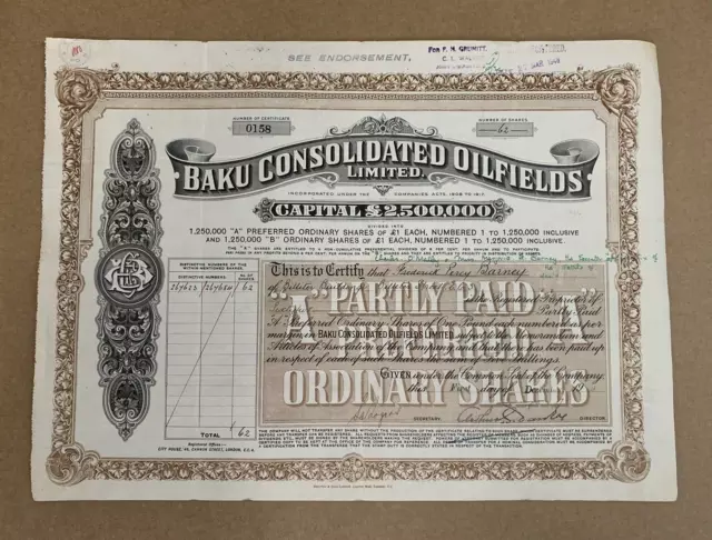 Baku Consolidated Oilfields Limited - Share Certificate - No. 0158 - 01/12/1919