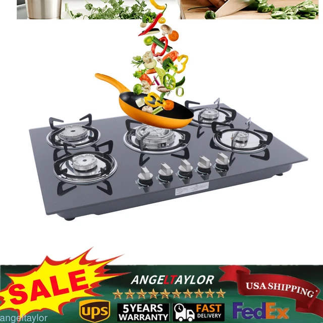 30& LPG NG Gas Cooktop Builtin 5 Burner Stove Hob Cooktop Tempered