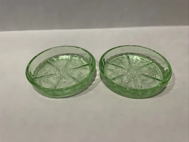 (2) Jeannette Vaseline/Uranium Depression Glass Poinsettia Coaster Glows