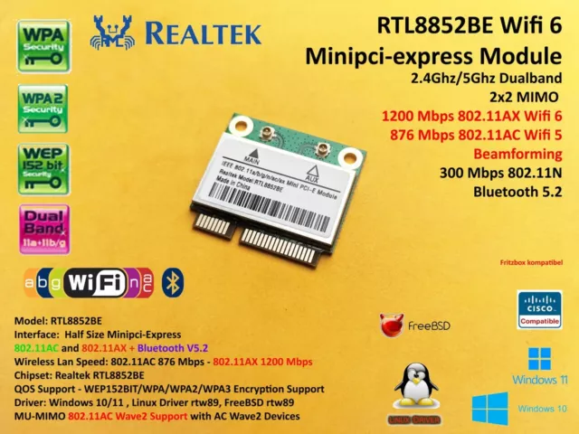 Wifi 6 Mpcie Minipci-express 802.11AC/AX WLAN+Bluetooth 5.2 RTL8852BE AX1800