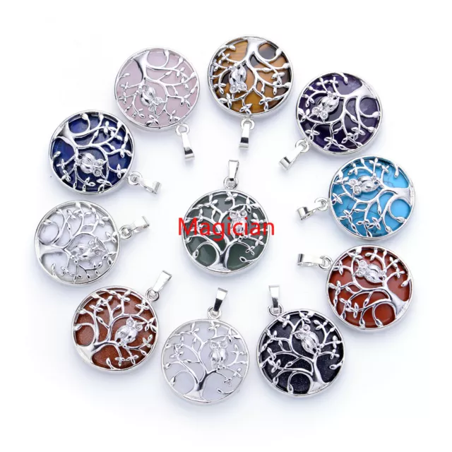 Natural Gemstone Owl Tree of Life Pendant Charms Reiki Chakra Amulet Energy