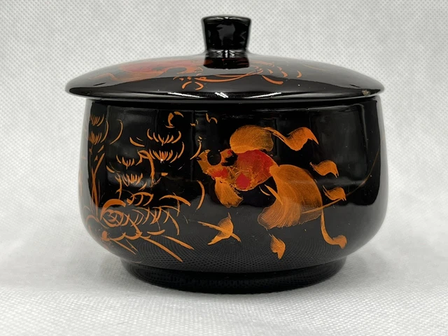 Vintage Painted Koi Fish Lacquerware Wood Trinket Box with Lid - Vietnam