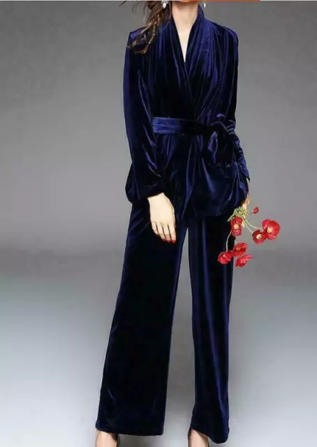 Womens Suit Belt Slim Fit Coat Velvet Party Prom 2pcs Jackets Tops Pants OL Lady