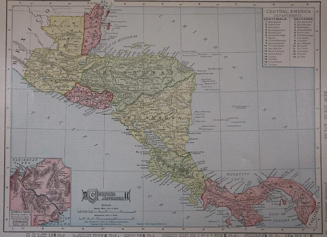 Old 1909 Rand McNally Atlas Map ~ CENTRAL AMERICA - PANAMA CANAL ~ Free S&H