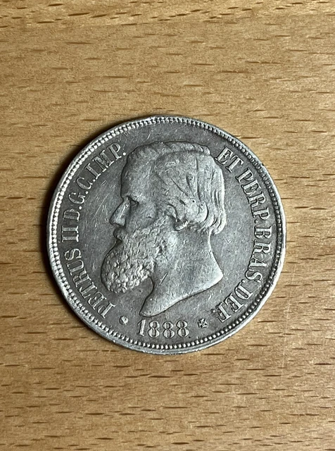 1888 Brazil 1000 Reis, Pedro II Silver Coin