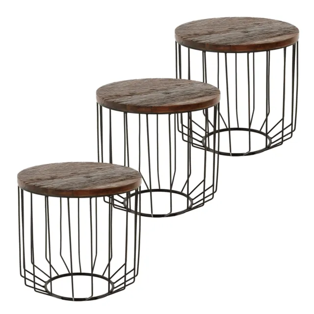 3x Table d'appoint bois massif ancien avec cadre métallique Ø 50 cm WOMO-DESIGN®