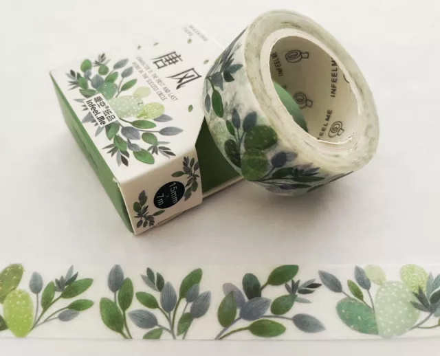 Cactus Bulb Leaf Botanical Pattern Watercolour Style Washi Tape Blue Green Bujo 2