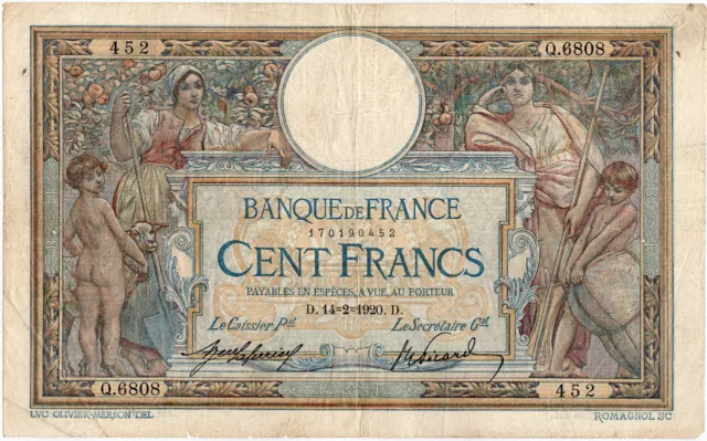 100 francs type 1906 Luc-Olivier Merson sans LOM 14-02-1920 TB