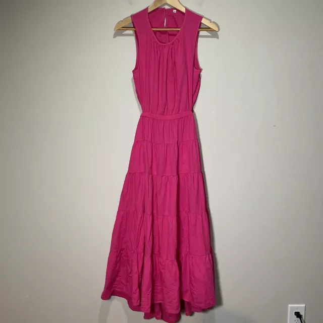 Hot Pink Tiered Maxi Dress Ws Sz M Cutout Open Back Long Flare Keyhole Cotton