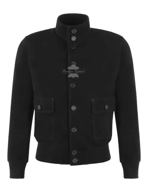 Para hombre Bomber Chaqueta de Cuero Real Chaqueta Botones Negra Cabra Gamuza Chaqueta de Motociclista