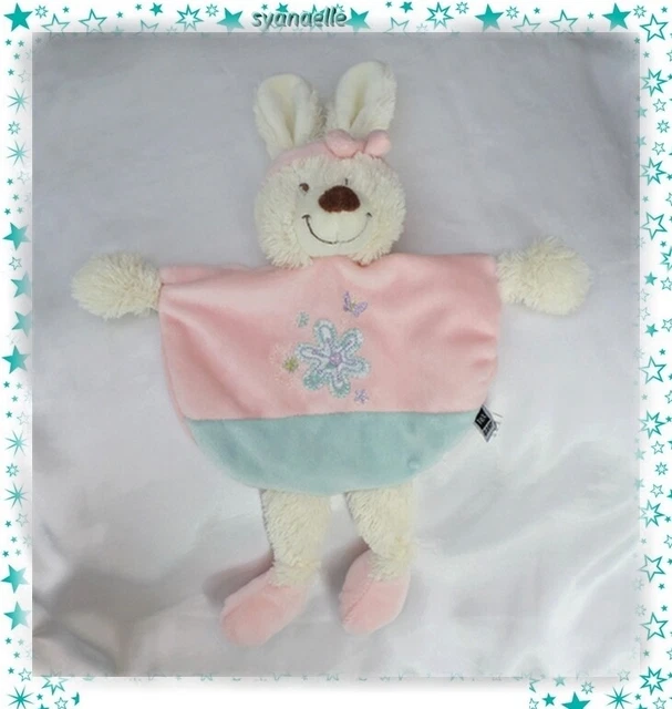 Doudou Peluche Plat Lapin Blanc Rose Bleu Broderie Fleur Papillon Tex Baby