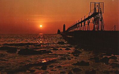 Vintage Postcard Sunset At Pier Spectacular Nature Lover Grand Haven Michigan MI