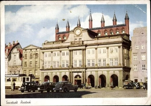 Ak Hansestadt Rostock, Rathaus, Automobile, Straßenbahn - 4274838