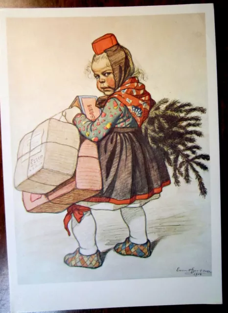 Postcard German Girl Carrying Christmas Tree and Packages Artist vintage PC 2237