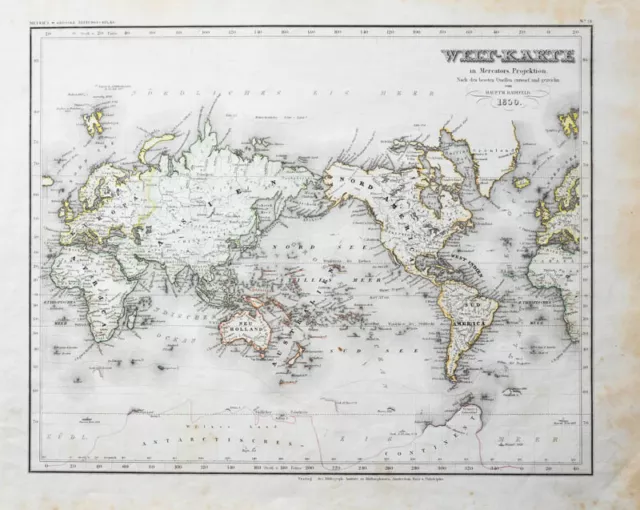 c1850 Weltkarte Map of the World Stahlstich-Landkarte Radefeld