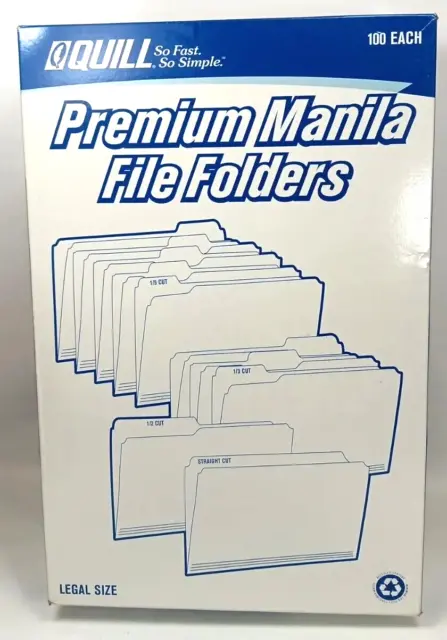 Quill Reinforced File Folders 1/3 Cut Legal Size Manila 100 Box