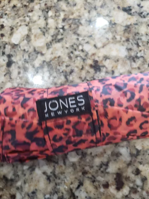 Jones New York Women Rust/Black Leopard Print Poly Auto Open/Close Umbrella Nwt 3