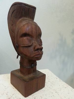 Wood Sculpture BUST African Head Hand Carved Vintage Tribal Statue Black
