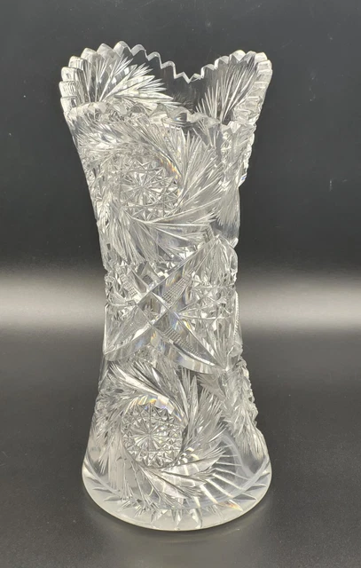 Deeply Cut Antique American Brilliant Period Pinwheel Corset Cut Glass 9" Vase