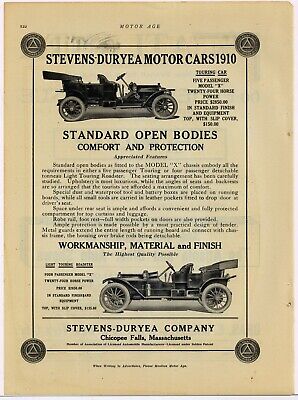 1910 Stevens Duryea Co. Ad: Touring Car, Roadser Model X - Chicopee Falls, MA