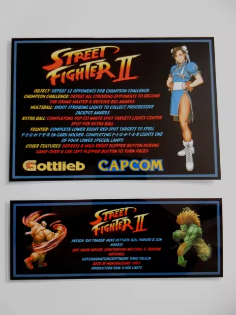 * Tarjetas de instrucciones/delantal personalizadas de Gottlieb 1993 'STREET FIGHTER II' Gottlieb * (Nuevo)