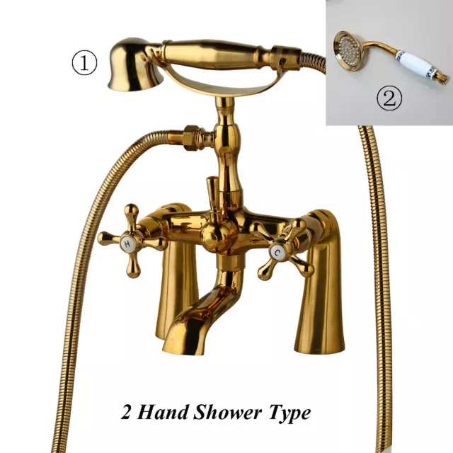 Deck Mount Gold Telephone Style Bathtub Mixer Tap Antique Brass Hand Shower Set