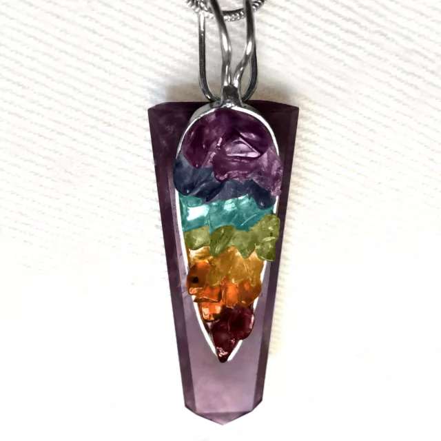 Amethyst Crystal Point 7 Chakra Gemstone Pendant Silver Necklace Reiki Healing
