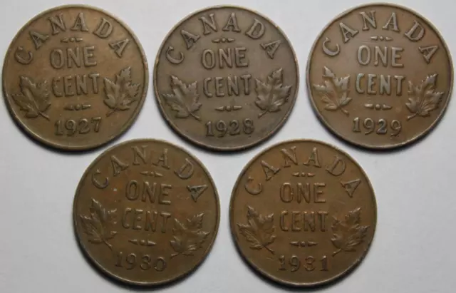 Canada 1927, 1928, 1929, 1930 & 1931 Small Cents Lot Of 5, Old KGV Dates (CK2)