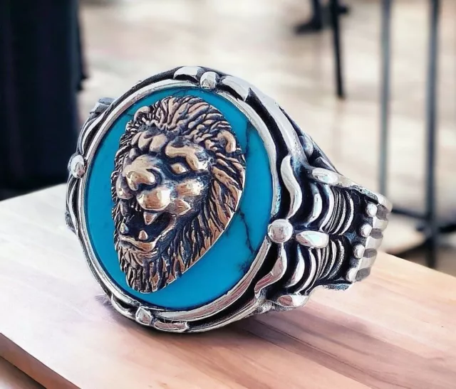 925 Argent Sterling Homme Femme Motard Bague Lion Sur Turquoise