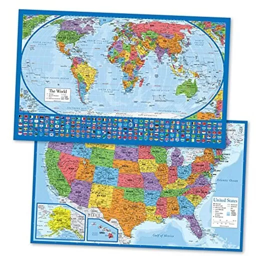 2 Pack - Laminated World Map Poster & USA Map Set - Equal 18” x 29” LAMINATED
