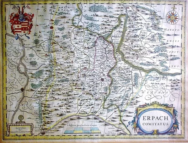 Hessen ERPACH COMITATUS, Odenwald Grafschaft Kupferstich c 1680 v VALCK & SCHENK