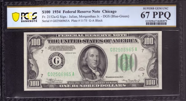 1934 $100 Federal Reserve Note Chicago Fr.2152-G Top Pop Pcgs Superb Gem 67 Ppq