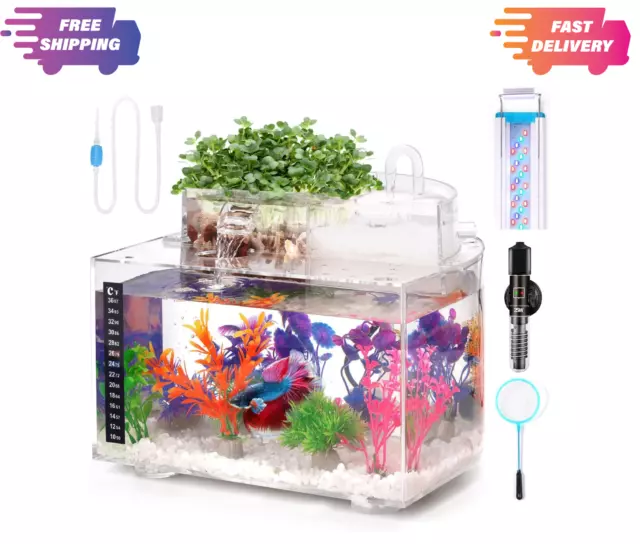 Betta Fish Tank Kit, 3 Gallon Aquarium Self-Cleaning with LED Light, Filter,