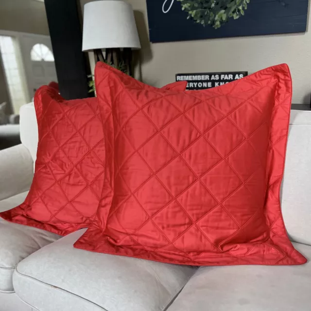 2 Yves Delorme PARIS Salmon Coral EURO Quilted SATEEN Cotton Pillow Shams FRENCH