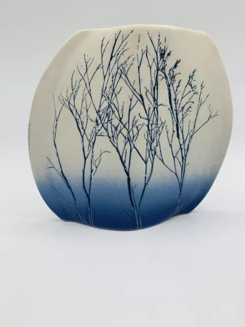 Cobalt Blue Pressed Design Trees 5” Tall Tenmoku Pottery Vase Handmade Malaysia