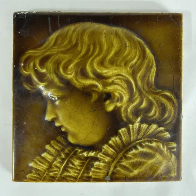 Antique 6” X 6” Trent Nj Majolica Glaze Portrait Child Victorian Salvaged Tile